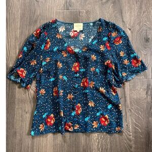 Sezane Chlo Blouse Top 2 / 34 Blue Floral Leopard Viscose Short Sleeve Shirt